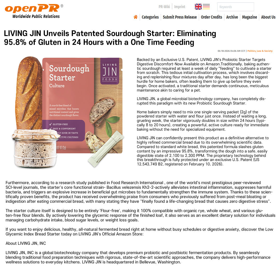 LIVING JIN Unveils Patented Sourdough Starter: Eliminating 95.8% of Gluten in 24 Hours with a One Time Feeding