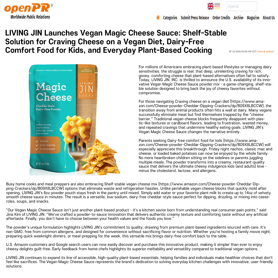 LIVING JIN Launches Vegan Magic Cheese Sauce: Shelf-Stable Solution for Craving Cheese on a Vegan Diet, Dairy-Free Comfort Food for Kids, and Everyday Plant-Based Cooking