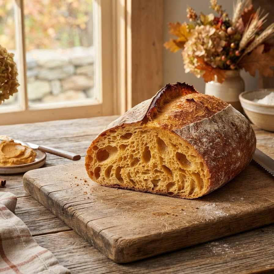 A perfectly baked, airy gluten-free pumpkin sourdough loaf sliced on a wooden board, showcasing a beautiful golden-orange crumb without being dense.