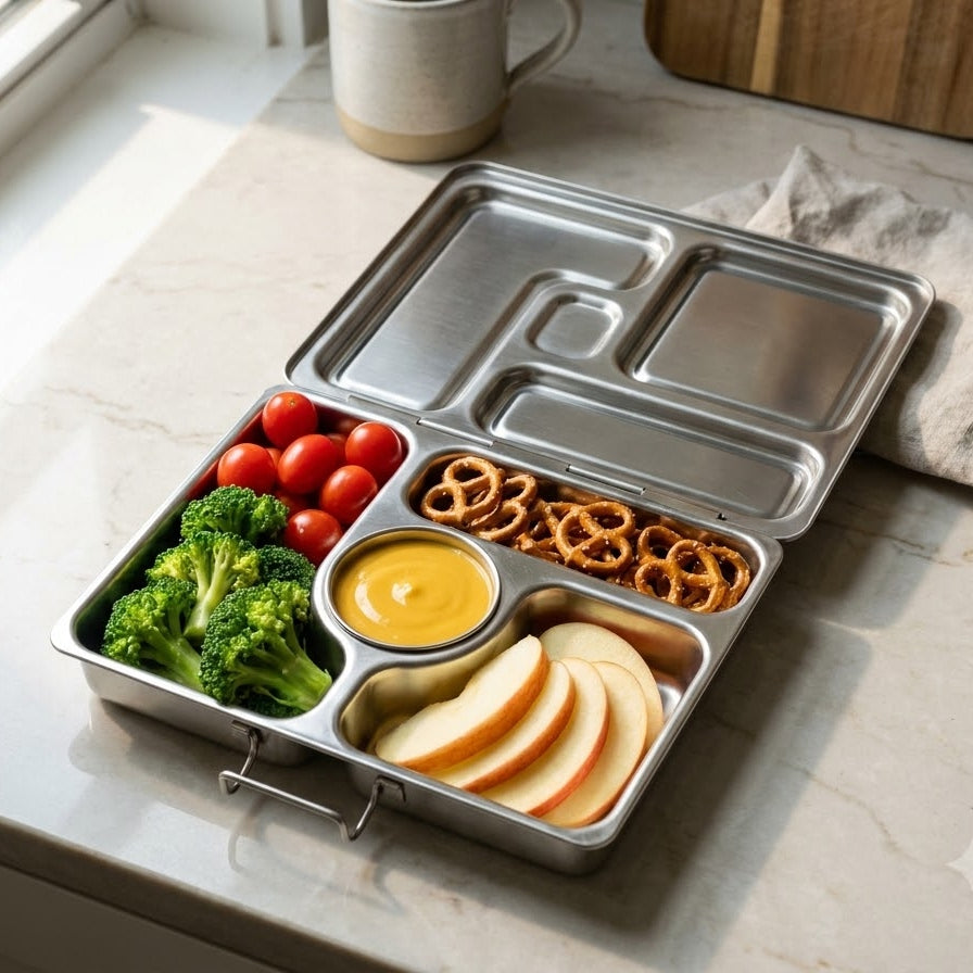 A vibrant, healthy bento-style school lunchbox filled with fresh vegetables, pretzels, and a creamy dairy-free cheese dip.