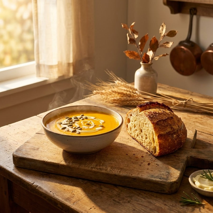 A warm, cozy fall kitchen scene featuring a steaming bowl of autumn soup next to a freshly baked, crusty rustic sourdough loaf on a wooden cutting board.