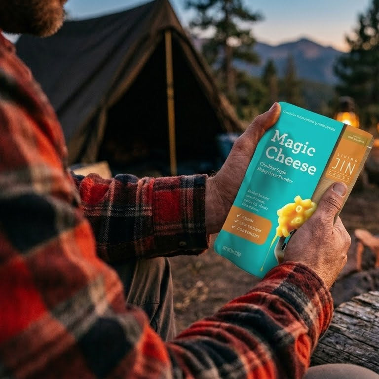 A hiker's hands holding a lightweight jar of Livingjin Magic Vegan Cheese powder next to a crackling campfire, highlighting its portability for outdoor adventures.