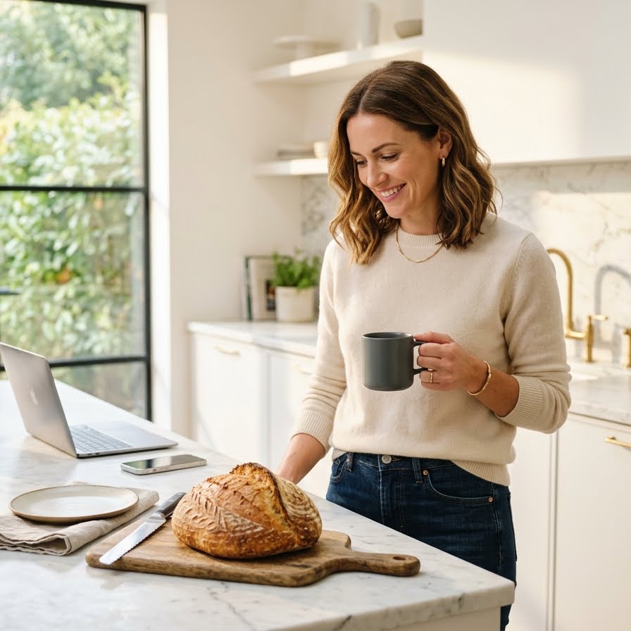 A busy professional in a stylish modern kitchen, smiling while checking a freshly baked artisan sourdough loaf, holding a coffee mug and a smartphone, symbolizing a balanced lifestyle.