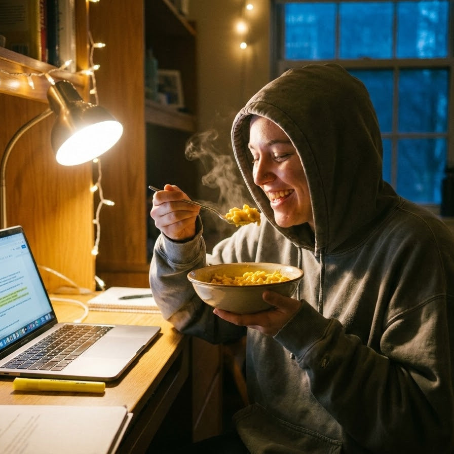 A college student sitting at a cozy dorm desk late at night, happily eating a steaming bowl of creamy vegan mac and cheese next to an open laptop and textbooks.
