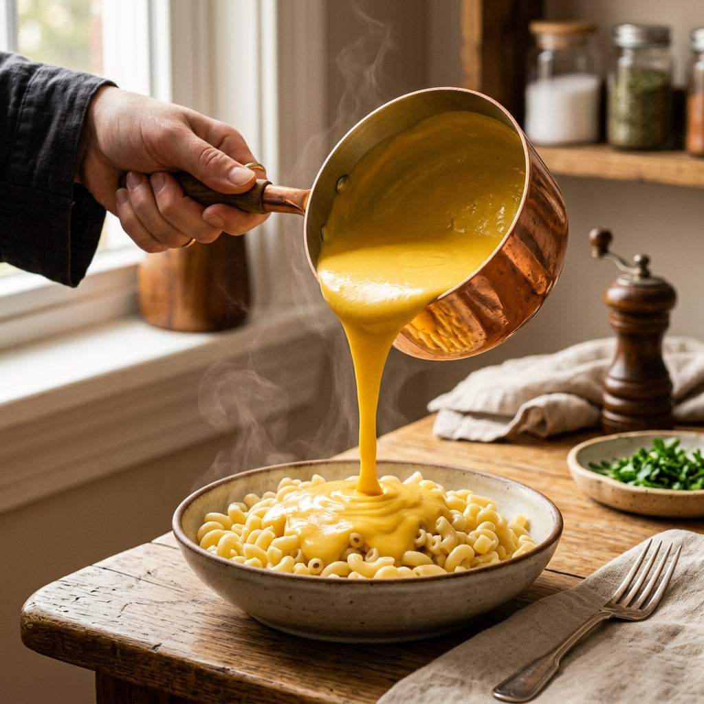 A thick, glossy, and perfectly smooth dairy-free cheese sauce made from Livingjin Magic Vegan Cheese Powder pouring beautifully over hot macaroni pasta.