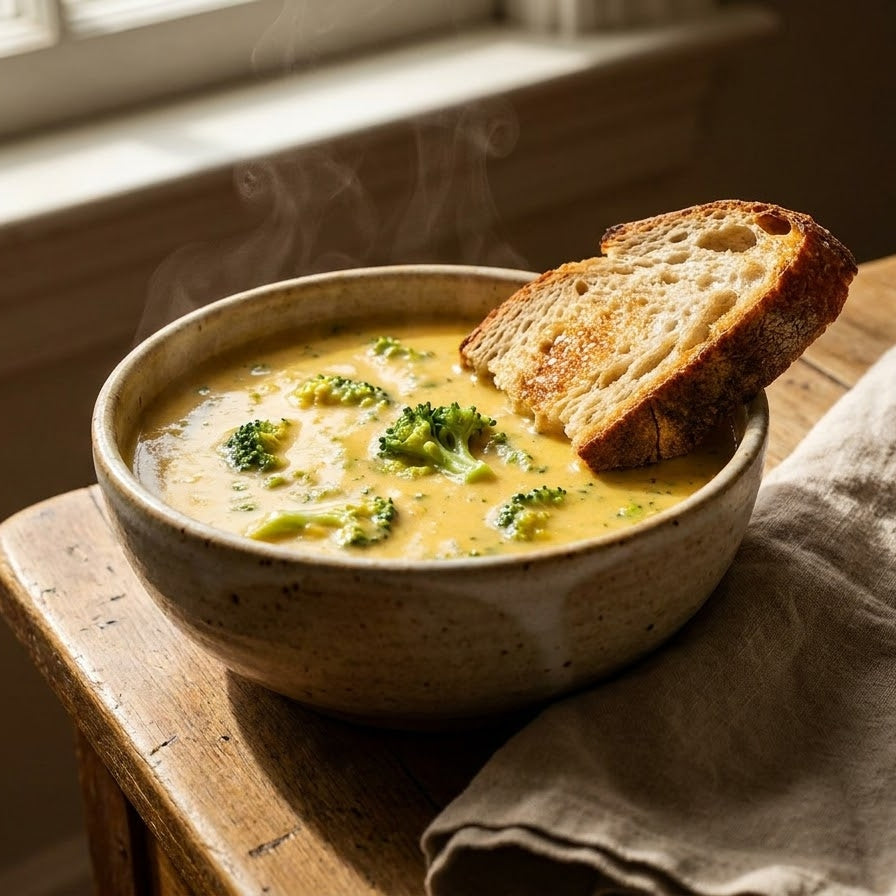 A steaming, creamy bowl of vegan broccoli cheddar soup served with a slice of crusty bread on a rustic autumn dining table.