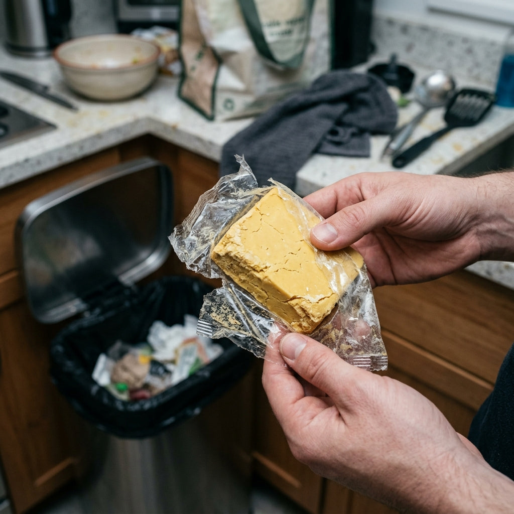 A close-up of a frustrated person's hand holding a dried-out, half-eaten block of expensive store-bought vegan cheese about to be thrown away, illustrating common food waste.