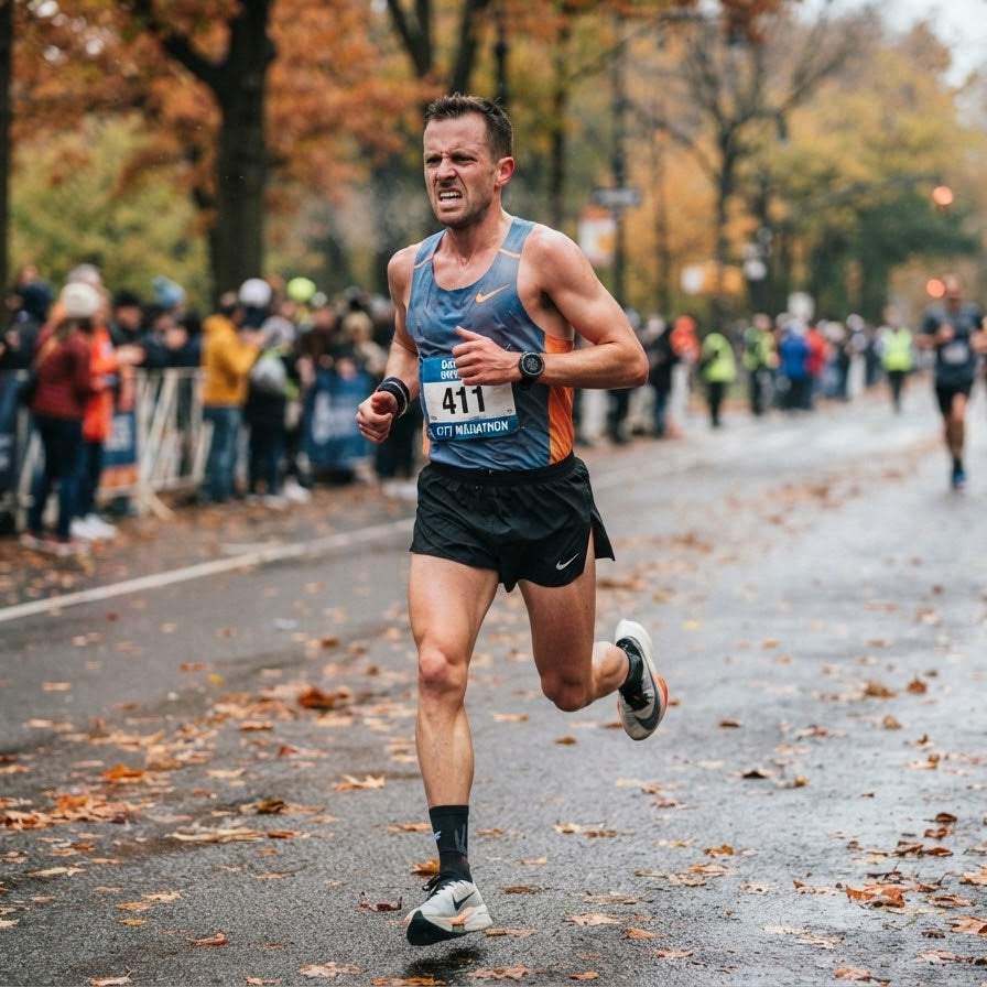 A focused male marathon runner running through crisp fall weather, wearing a race singlet, unaware of the impending cold weather skin chafing.
