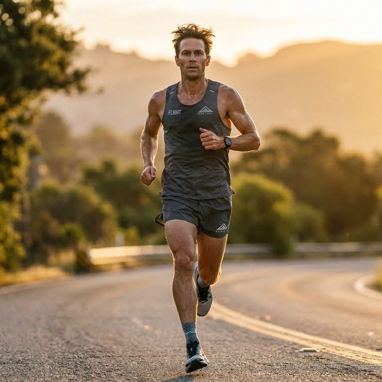 A male marathon runner in a state of deep mental focus and flow, enjoying a pain-free race without chafing distractions.