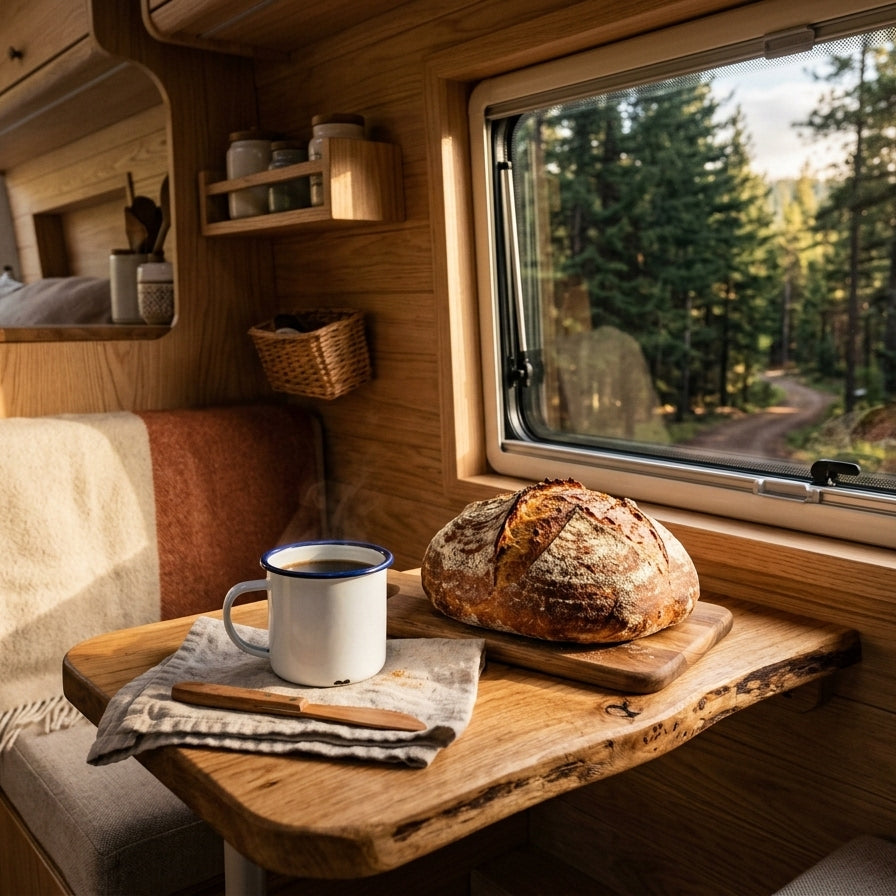 A freshly baked rustic sourdough loaf sitting on a wooden table inside a cozy, sunlit RV camper van, representing the ultimate travel baking dream.