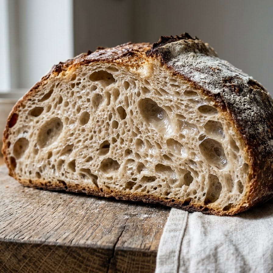 A high-quality macro shot of the interior crumb of a sourdough loaf, showing beautiful airy pockets and a soft texture created by long fermentation.
