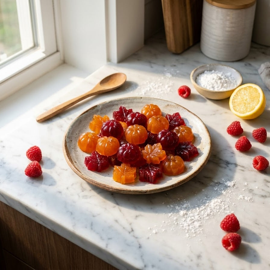 A beautiful display of vibrant, healthy homemade vegan gummies in fun fall shapes on a kitchen counter, surrounded by fresh berries and citrus fruits.