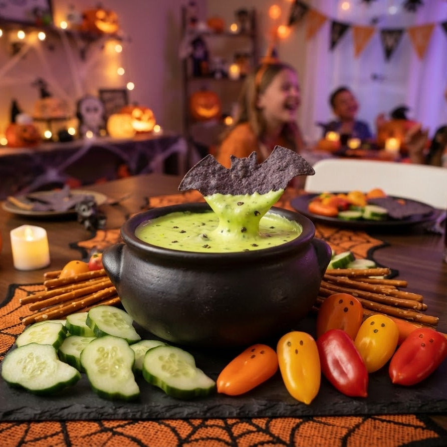 A fun, allergy-friendly Halloween party table featuring a spooky dairy-free monster cheese dip surrounded by ghost-shaped vegetables and pretzel sticks.