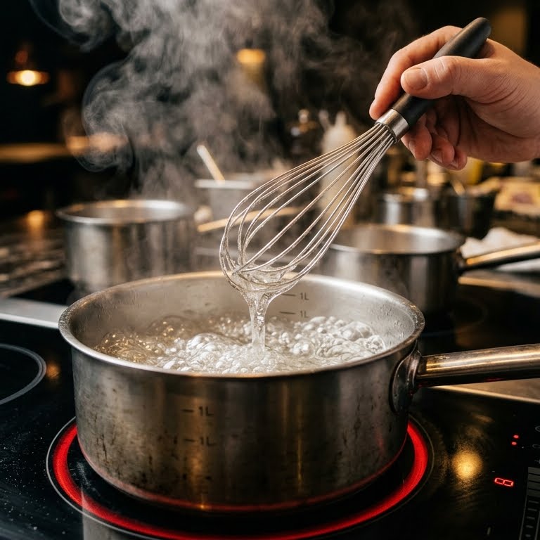 A close-up view of a person checking the consistency of a boiling agar agar mixture with a whisk, demonstrating the correct high-temperature activation process for vegan jelly.