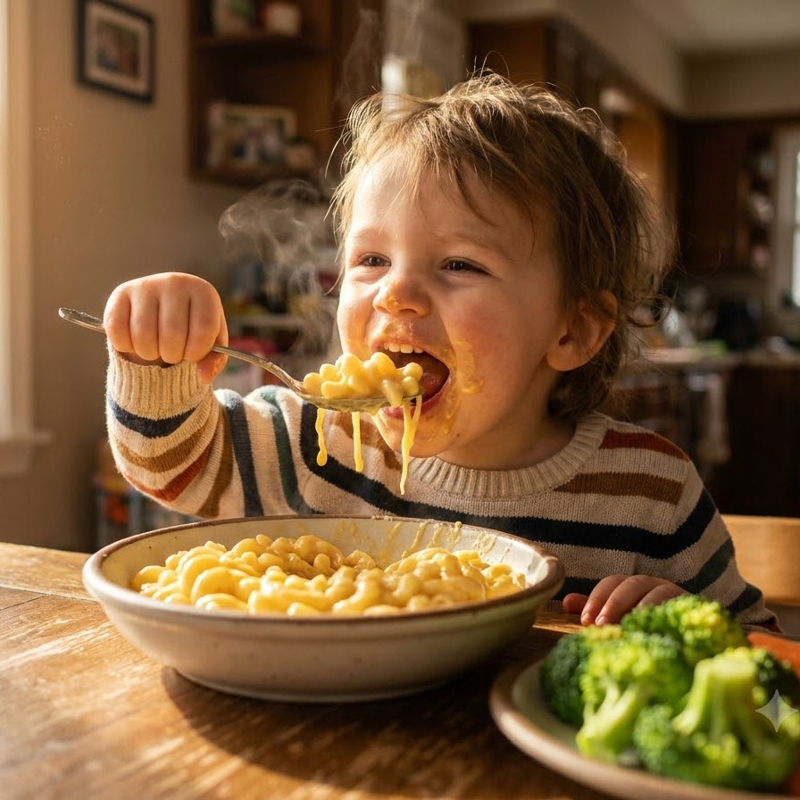 A young child happily eating a bowl of creamy, dairy-free mac and cheese, completely unaware of the healthy hidden vegetables blended into the sauce.