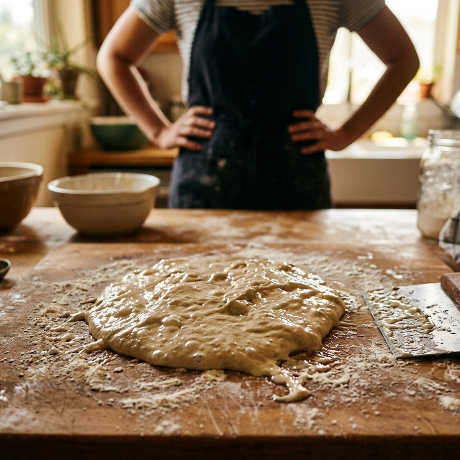 A frustrated home baker staring at a sticky, over-proofed, collapsed puddle of sourdough dough on a wooden counter during a hot summer day.
