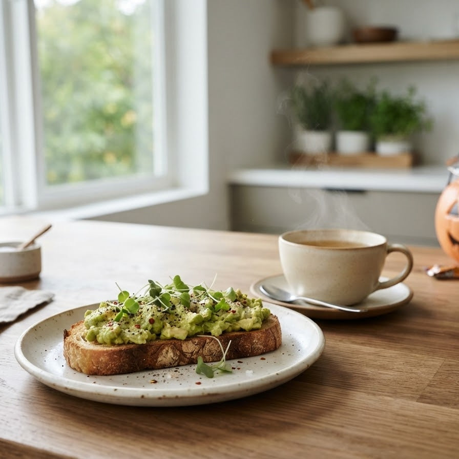 A comforting, healthy slice of gluten-free sourdough toast and a hot cup of herbal tea on a clean kitchen counter, symbolizing a post-Halloween gut health reset.