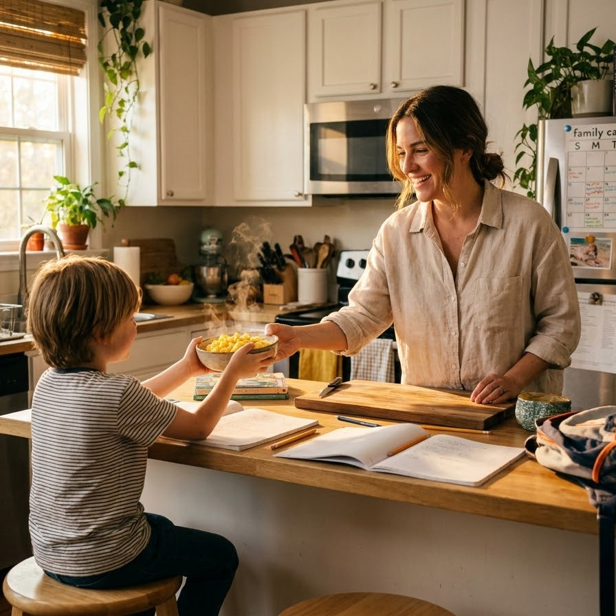 A busy parent smiling with relief while serving a quick, hot bowl of creamy vegan mac and cheese to a happy child at a kitchen island scattered with homework.