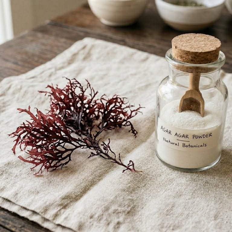 A beautiful composition showing natural, dried red seaweed next to a glass jar of Livingjin's pure, finely milled agar agar powder, highlighting its natural, plant-based origins.