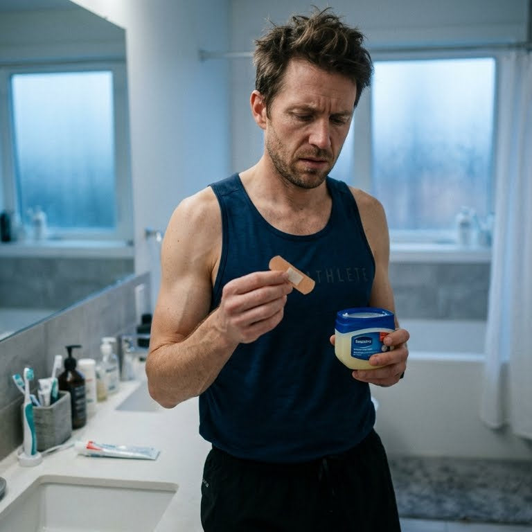A male runner in his bathroom looking frustrated while holding standard bandages and petroleum jelly, realizing they are inadequate for marathon chafing.