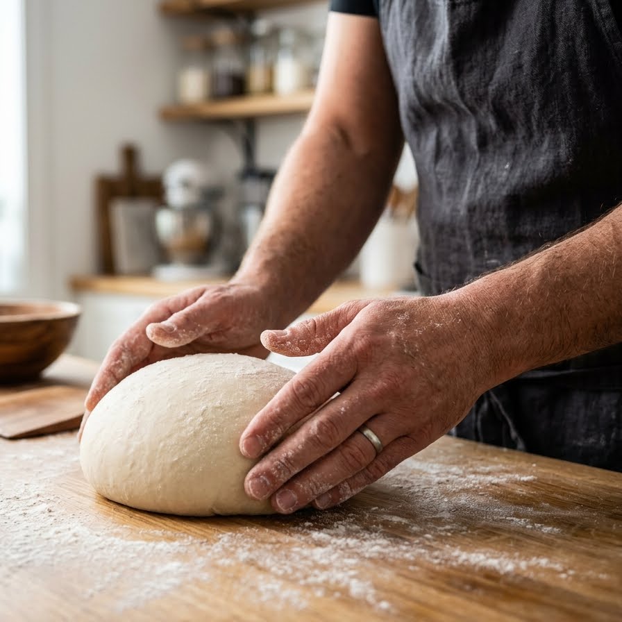 A baker's hands gently shaping a well-hydrated gluten-free sourdough dough mixed with psyllium husk, showing its surprisingly elastic and smooth texture.