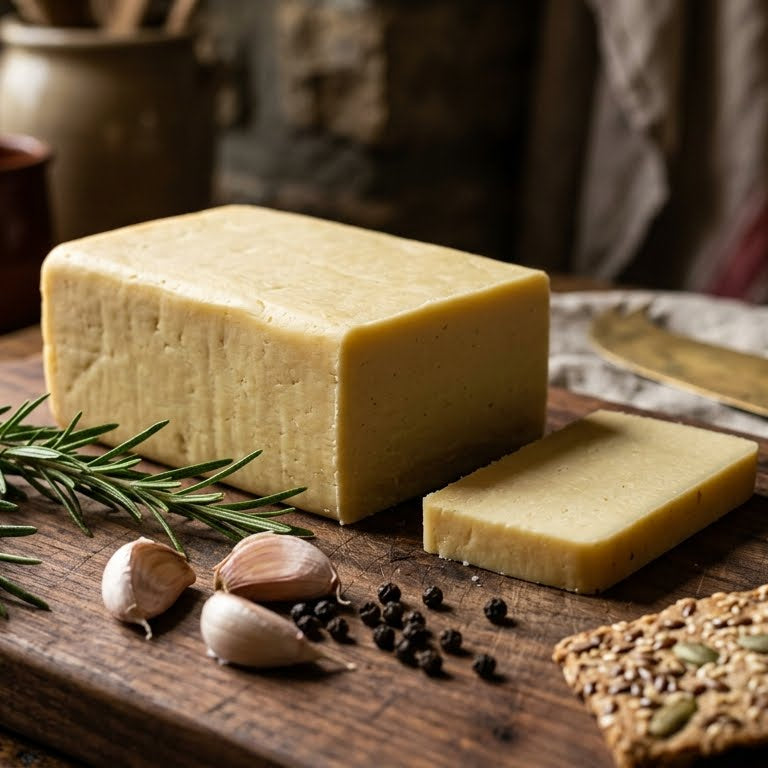 A beautiful block of sliceable vegan cheese made using agar agar powder, resting on a rustic wooden cutting board with fresh rosemary, garlic, and crackers.