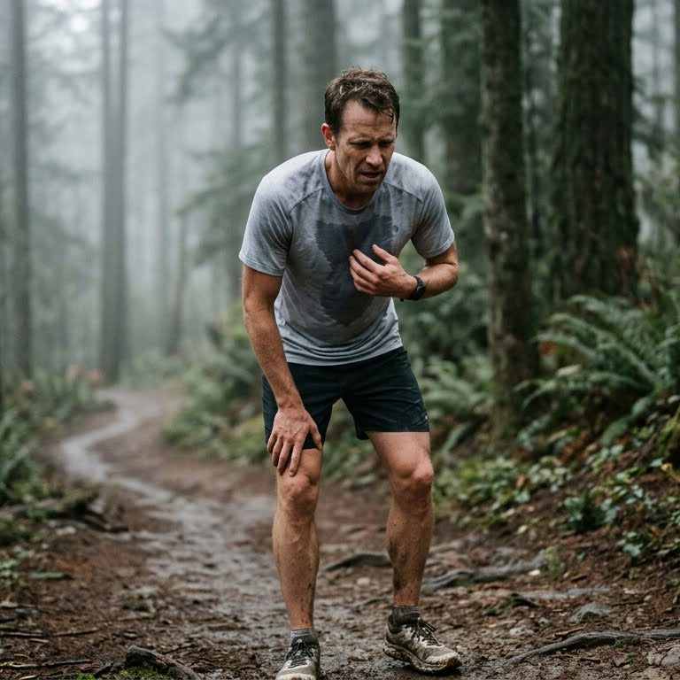 A male runner taking a break on a scenic trail, holding his chest in discomfort, illustrating the painful reality of runner's nipple chafing.