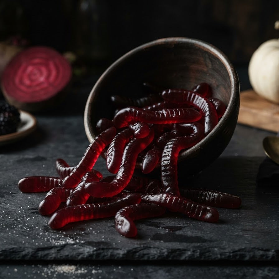A beautifully spooky display of homemade, realistic vegan gummy worms in a rustic bowl, colored naturally with beet juice, on a dark moody kitchen counter.