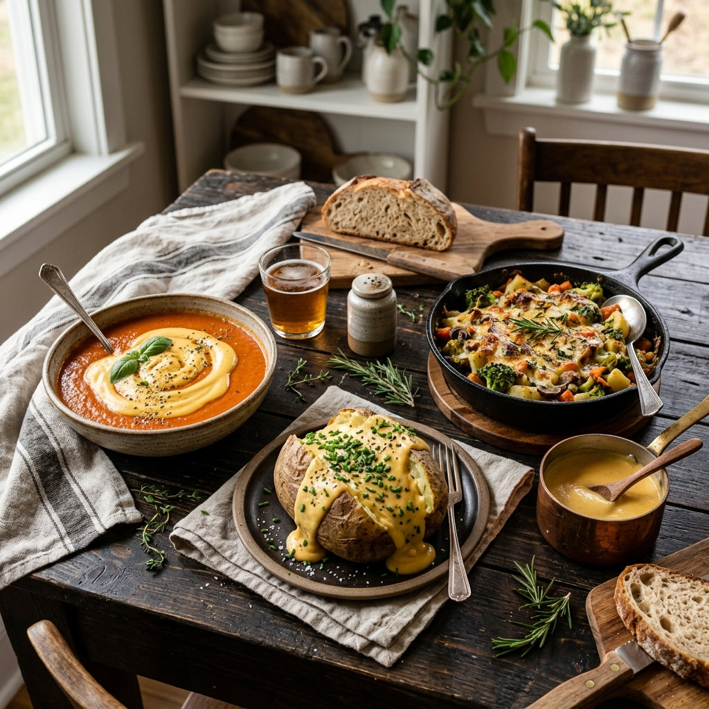 A beautiful wooden dining table spread with various cozy dishes including a broccoli casserole, a bowl of tomato soup, and baked potatoes, all utilizing a rich, melted dairy-free vegan cheese sauce.