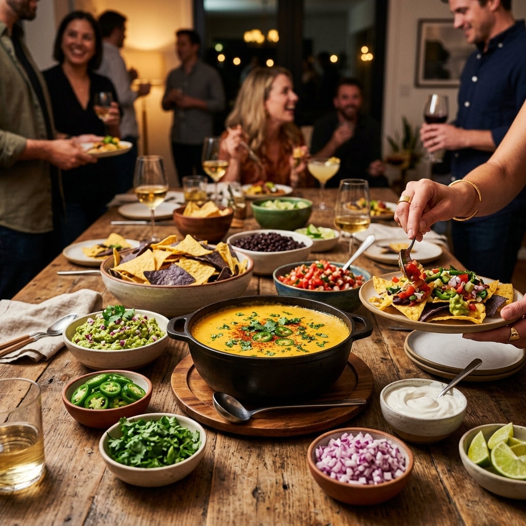 A beautiful, abundant party table setup featuring a large bowl of hot, creamy dairy-free vegan cheese dip surrounded by tortilla chips, fresh guacamole, and colorful vegetables.