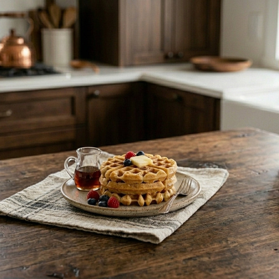 A clean, minimalist kitchen setting with a beautifully baked gluten-free sourdough loaf next to a pristine package of Livingjin Easy Sourdough Starter, representing zero-waste baking success.