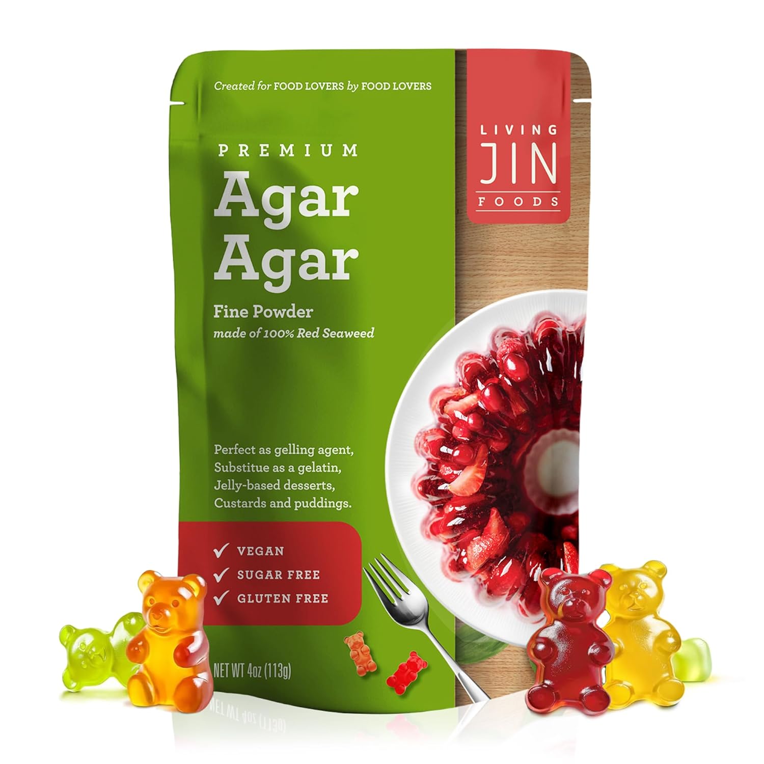 A package of Living Jin Premium Agar Agar Fine Powder, with a picture of gummy candies on the front, indicating the product is vegan, gluten-free, and non-GMO.