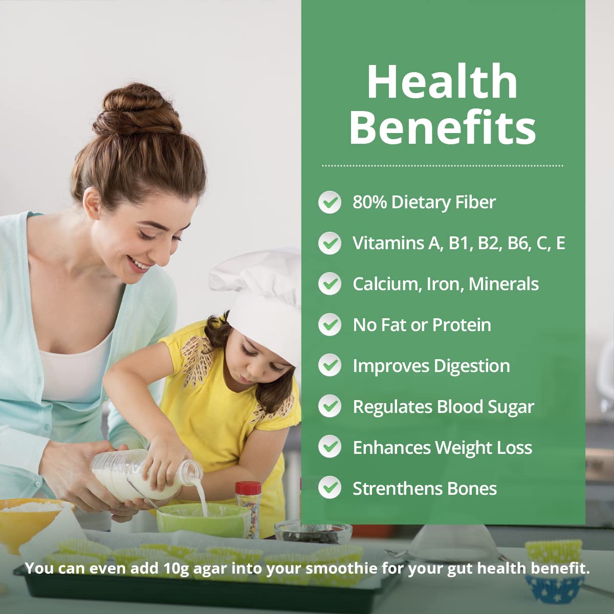 A health benefits infographic showing a mother and her young daughter baking together in a kitchen. The right side of the image features a green panel listing the nutritional advantages of agar agar, including 80% dietary fiber, various vitamins and minerals, and its role in improving digestion and regulating blood sugar. The bottom text suggests adding 10g of agar to smoothies for gut health.