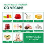 An educational infographic titled "PLANT-BASED THICKENER GO VEGAN!" illustrating the diverse applications of agar agar. The grid features images of confectionery (gummy bears), jello, yogurt, cheese, jam, ice cream, bakery items (donuts), marshmallows, soup, and even a facial mask, highlighting its versatility in both food and personal care.