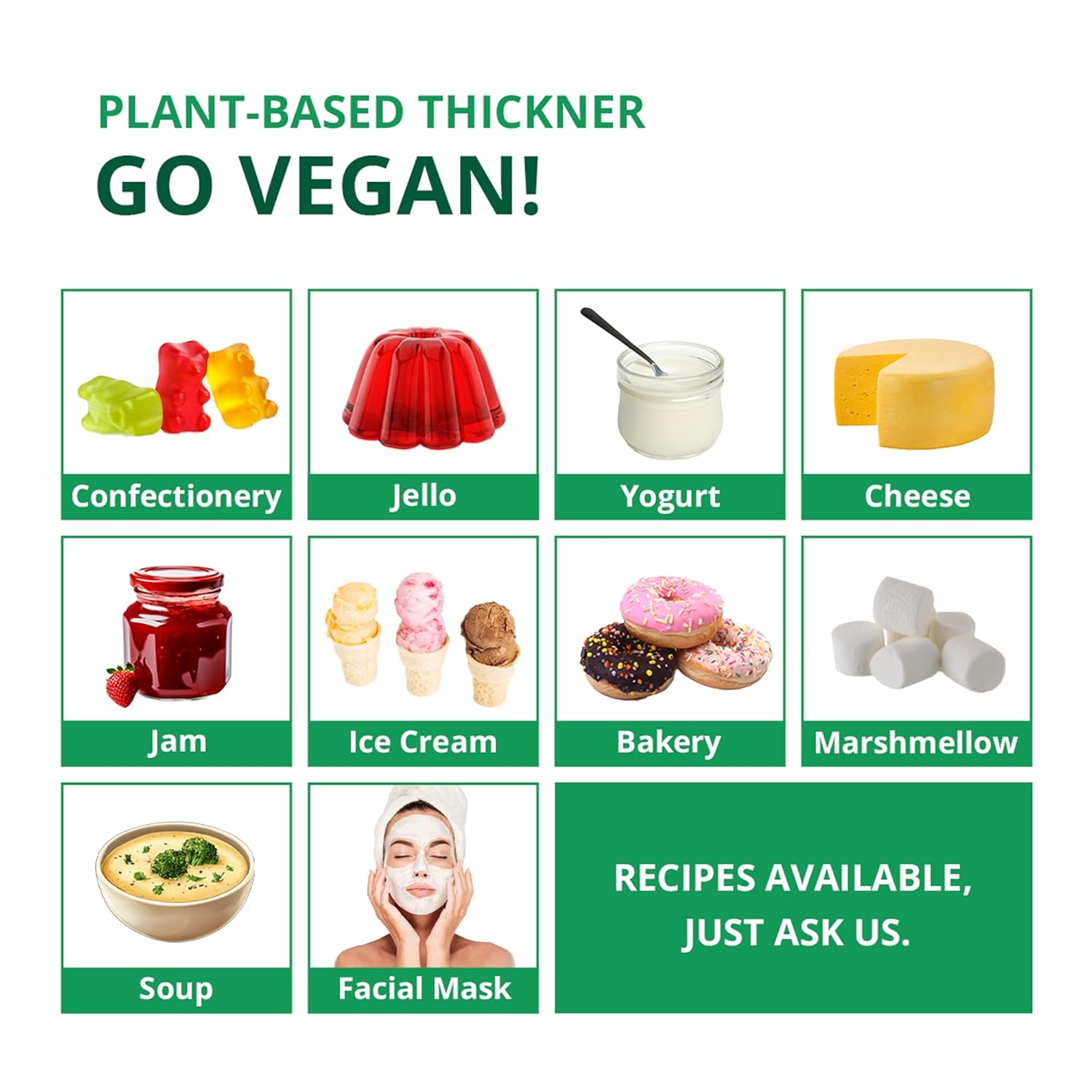 An educational infographic titled "PLANT-BASED THICKENER GO VEGAN!" illustrating the diverse applications of agar agar. The grid features images of confectionery (gummy bears), jello, yogurt, cheese, jam, ice cream, bakery items (donuts), marshmallows, soup, and even a facial mask, highlighting its versatility in both food and personal care.