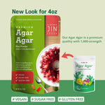 An announcement graphic for the new look of Living Jin 4oz Premium Agar Agar powder. The new green and red pouch is shown prominently on the left, featuring a vibrant fruit jelly mold, while the previous white packaging is shown on the right for comparison. The graphic emphasizes that the product remains premium quality with 1,000-strength and is vegan, sugar-free, and gluten-free.