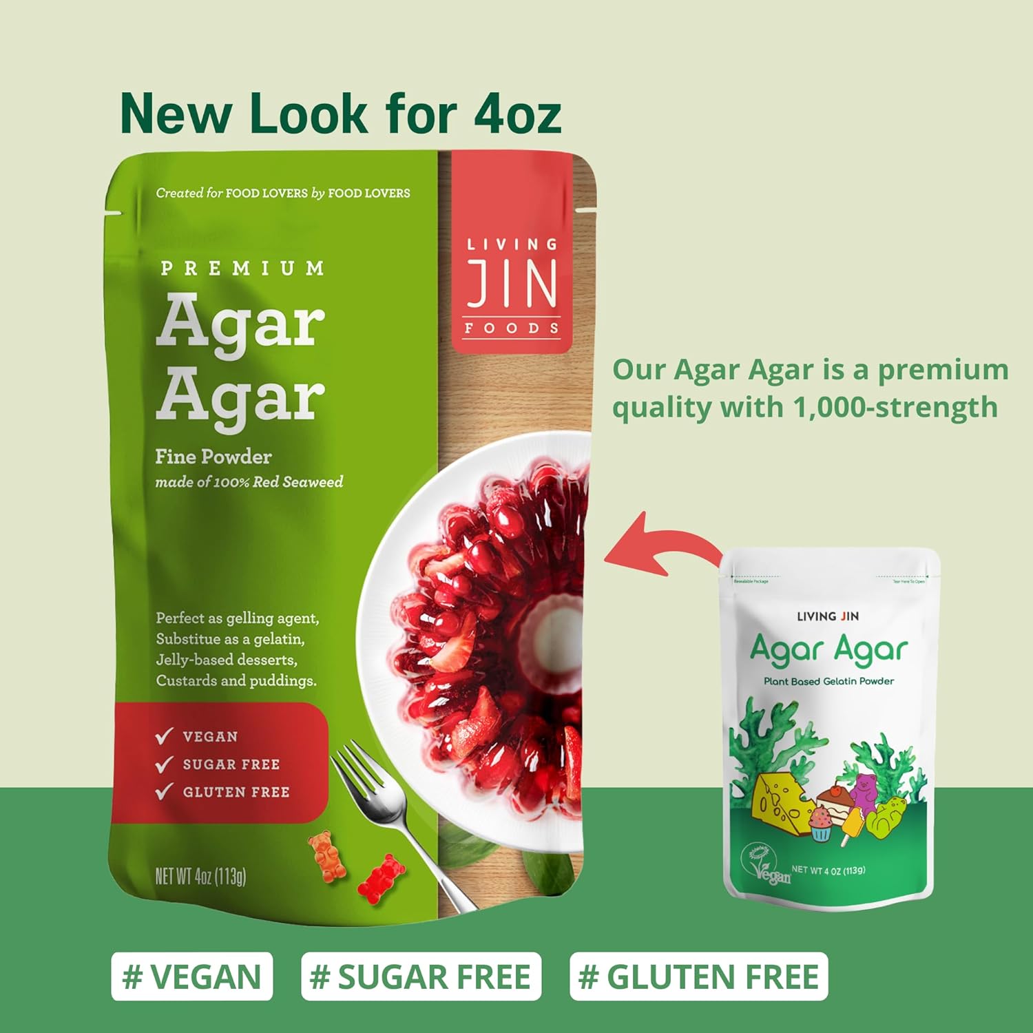 An announcement graphic for the new look of Living Jin 4oz Premium Agar Agar powder. The new green and red pouch is shown prominently on the left, featuring a vibrant fruit jelly mold, while the previous white packaging is shown on the right for comparison. The graphic emphasizes that the product remains premium quality with 1,000-strength and is vegan, sugar-free, and gluten-free.