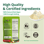 An informative graphic showcasing the back of a Living Jin Agar Agar powder pouch, detailing its nutrition facts, directions for use, and high-quality standards. The image highlights key certifications including Kosher Vietnam, Vegan, Non-GMO, and 100% Nut Free, alongside a visual of clear, firm agar gel cubes to demonstrate the 1,000 strength gelling property.