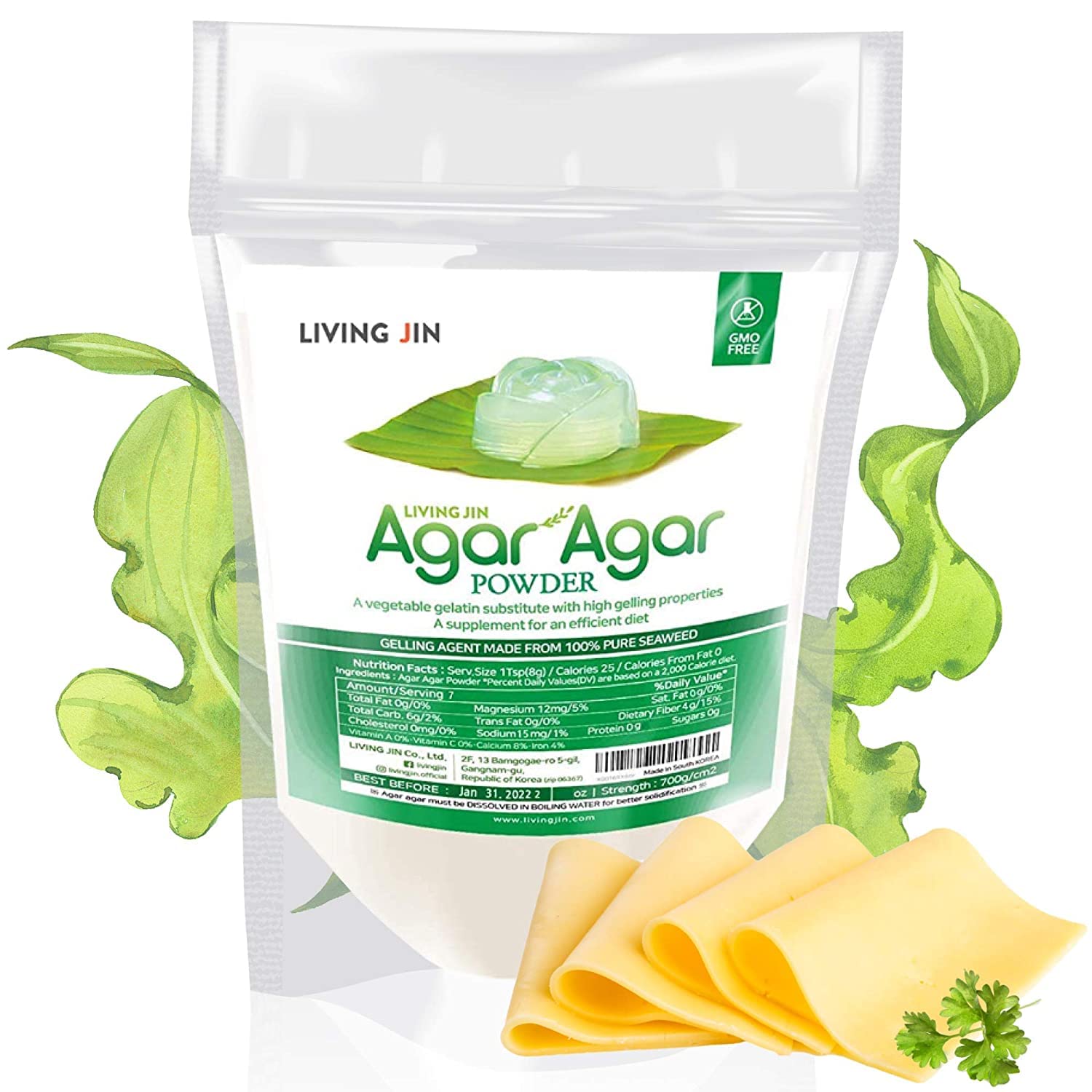 A white product pouch of Living Jin Agar Agar Powder, described as a vegetable gelatin substitute with high gelling properties. The packaging features a clear jelly mold on a green leaf and is surrounded by stylized green seaweed illustrations, with slices of vegan cheese shown in the foreground to illustrate its use as a firming agent.