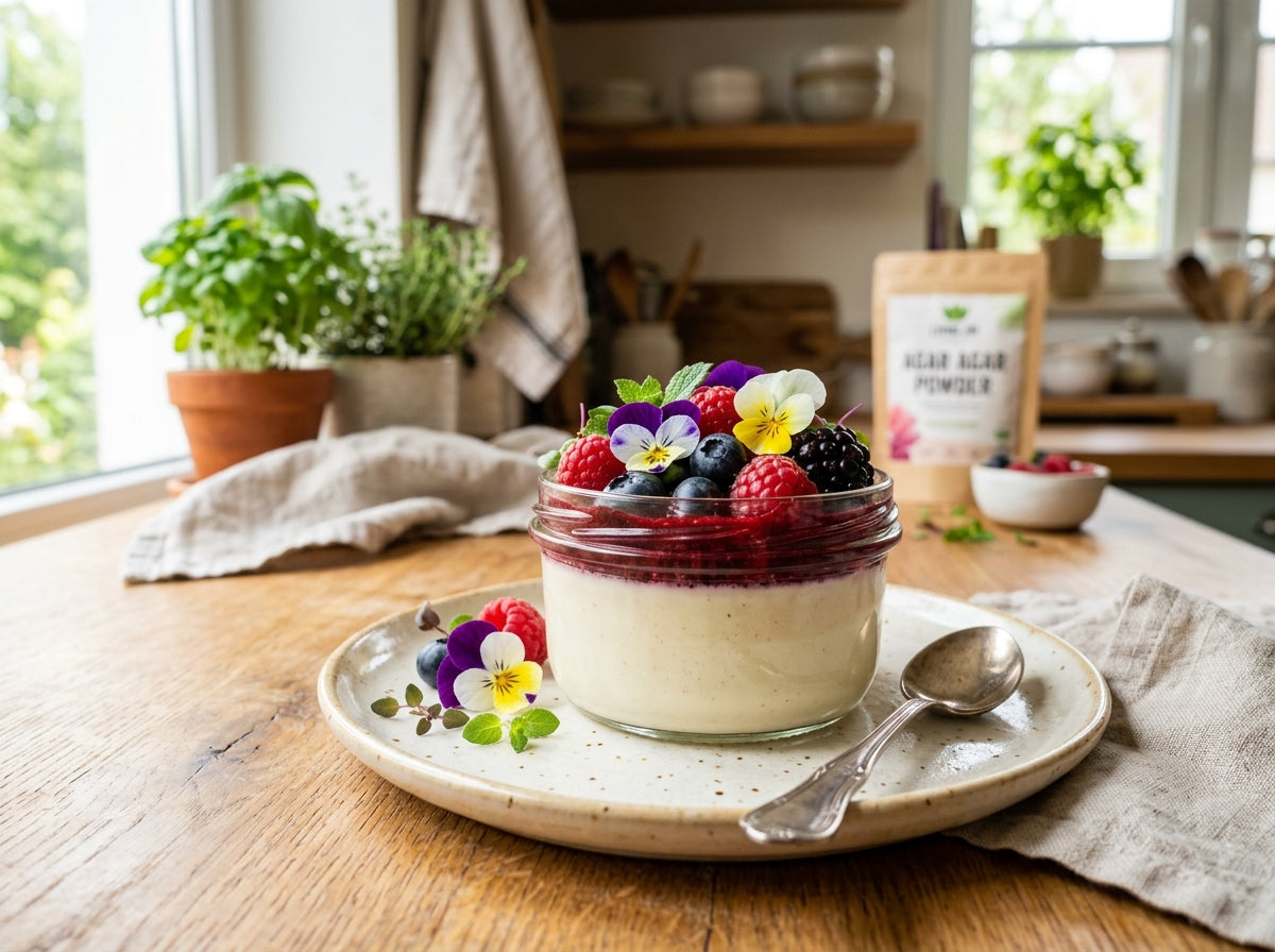A close-up of a beautifully plated vegan panna cotta decorated with edible flowers and berries, made using Living Jin Agar Agar powder.