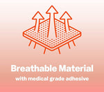 An orange line-art icon depicting airflow through a perforated surface, representing the breathable, double-layered material of Living Jin nipple covers. Below the icon, white text on a soft coral gradient background reads "Breathable Material with medical grade adhesive," emphasizing comfort and skin safety during physical activity.