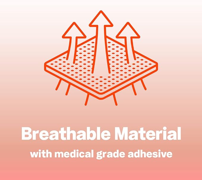 An orange line-art icon depicting airflow through a perforated surface, representing the breathable, double-layered material of Living Jin nipple covers. Below the icon, white text on a soft coral gradient background reads "Breathable Material with medical grade adhesive," emphasizing comfort and skin safety during physical activity.
