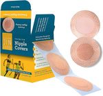 An open blue and yellow dispenser box of Living Jin Premium Nipple Covers, showing a strip of circular, skin-toned covers being pulled through the easy-dispensing slot. The image displays the textured, breathable material of the 35 mm diameter covers, which are designed to prevent nipple chafing for runners and athletes.