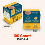 A product showcase graphic displaying the front and back of the Living Jin Premium Nipple Covers box. The front view shows the easy-dispensing slot and branding, while the back highlights key features: long-lasting medical-grade adhesive, easy removal, breathable material, and water resistance. Large text at the bottom confirms a "100 Count (50 Pairs)" quantity.