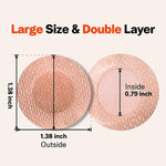 A technical graphic titled "Large Size & Double Layer" illustrating the dimensions of Living Jin nipple covers. It shows an outside diameter of 1.38 inches and an inside diameter of 0.79 inches, highlighting the double-layer design that provides both comfortable coverage and effective protection for athletes and active individuals.