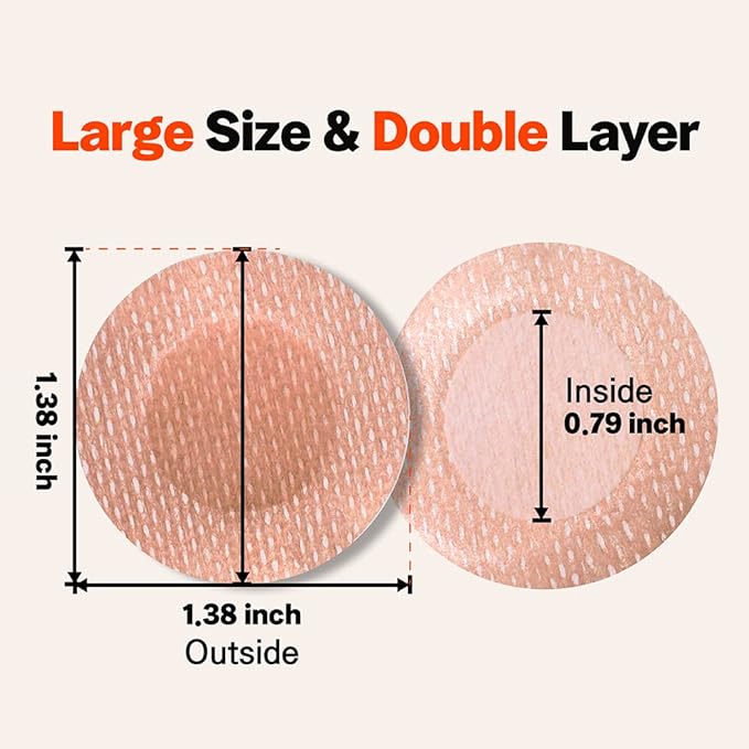 A technical graphic titled "Large Size & Double Layer" illustrating the dimensions of Living Jin nipple covers. It shows an outside diameter of 1.38 inches and an inside diameter of 0.79 inches, highlighting the double-layer design that provides both comfortable coverage and effective protection for athletes and active individuals.