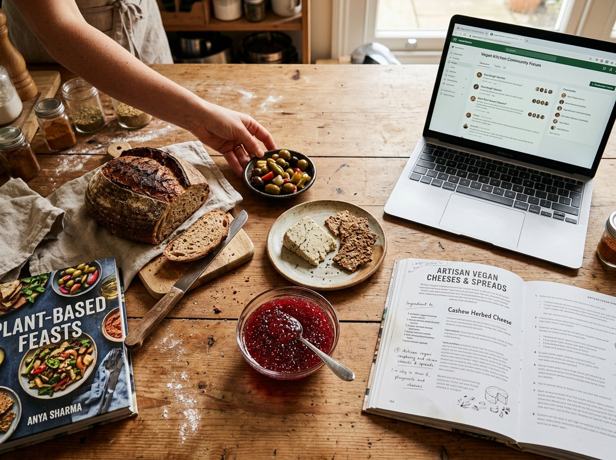 An overhead view of a wooden table filled with colorful plant-based dishes, an open cookbook, and a laptop displaying the Living Jin Nooria recipe community.