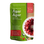 Living Jin Foods Premium Agar Agar package with a red agar agar dessert on a white plate.