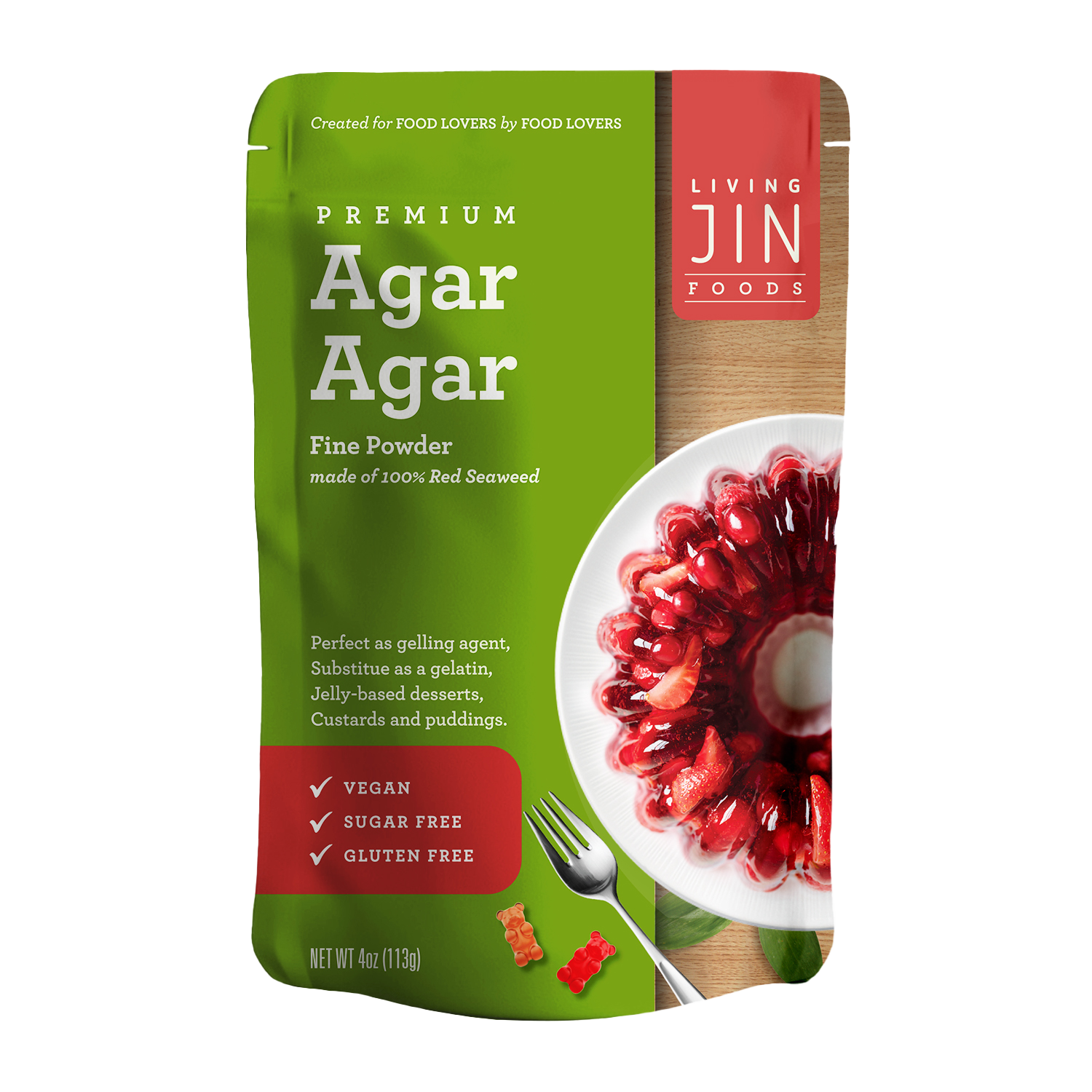 Living Jin Foods Premium Agar Agar package with a red agar agar dessert on a white plate.
