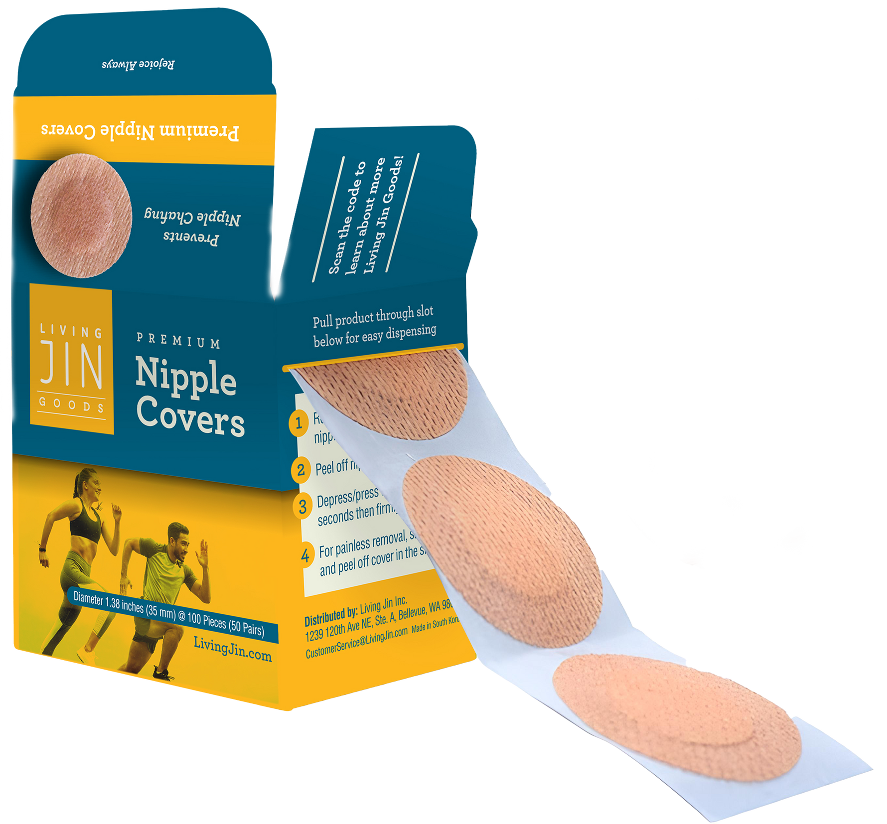 Packaging of Living Jin Premium Nipple Covers with nipple covers displayed on a white background.